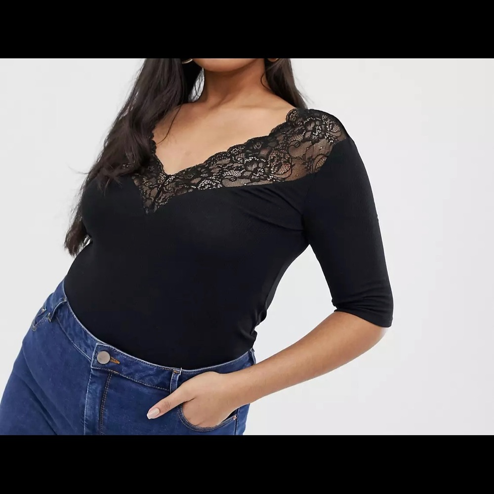 ASOS Curve Black Ribbed and Lace Top US 24